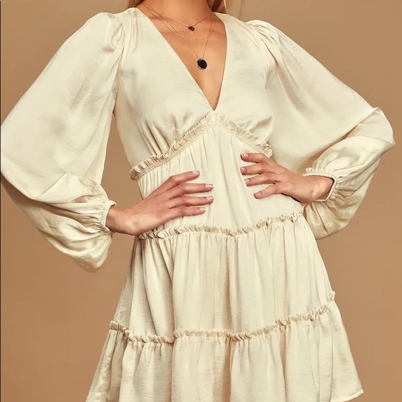 Lulus Dresses & Skirts - Moonstruck Cream Satin Tiered Long Sleeve Mini Dress